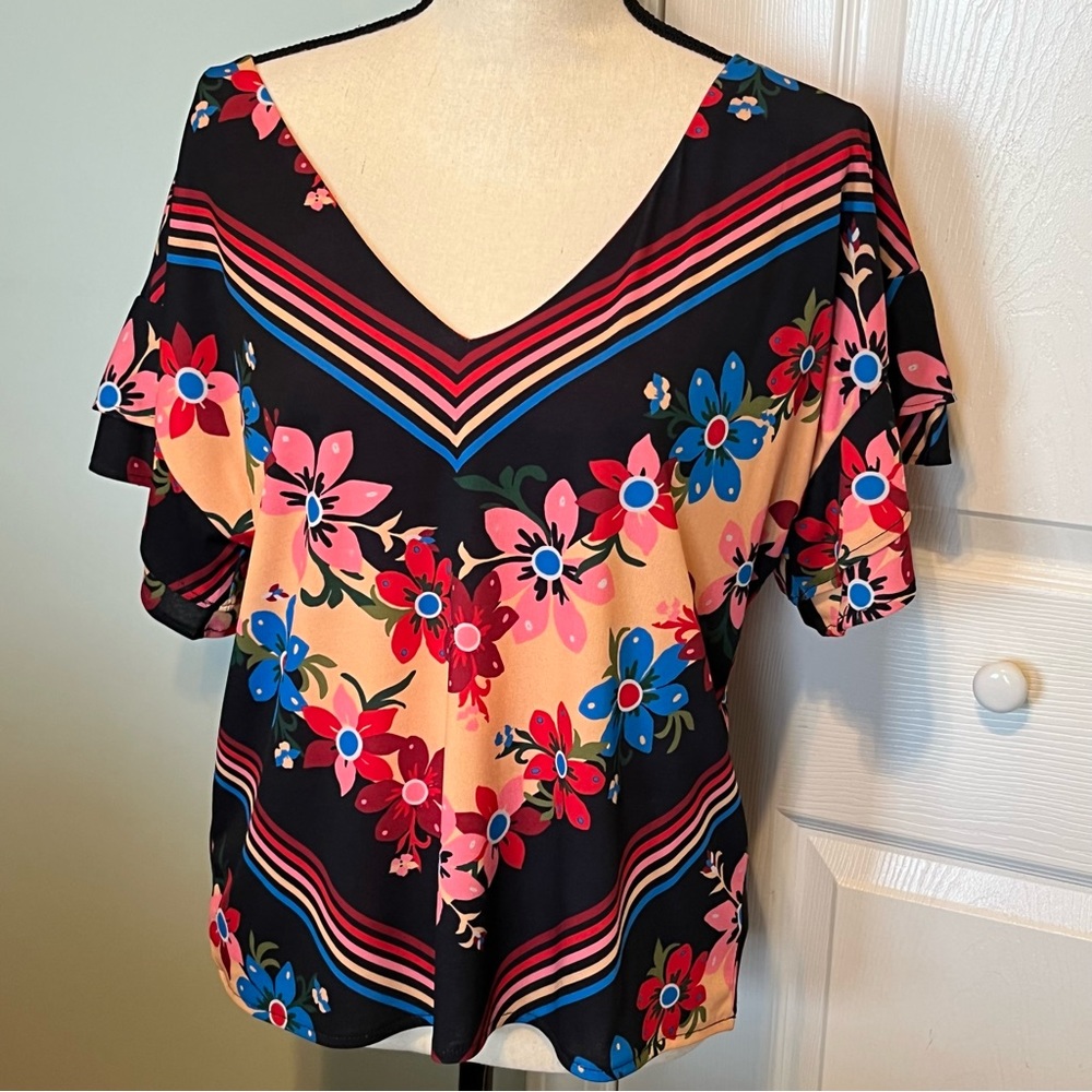 Judith March Womens Size Small V-Neck Cutout Back Bell Sleeve Floral Boho Blouse